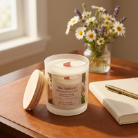 Unlit Solstice Wildflower Honey candle on a cognac leather desk