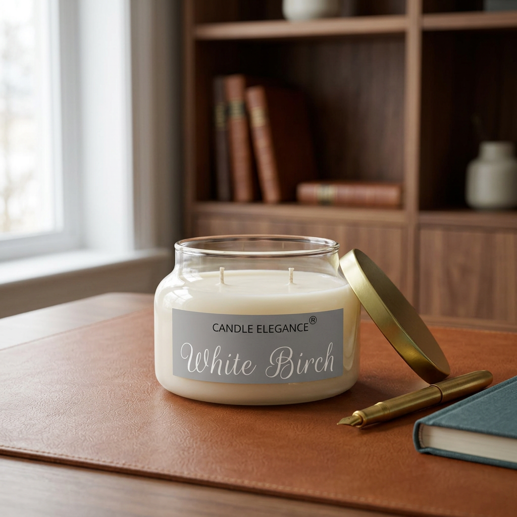 Unlit White Birch candle on a cognac leather desk