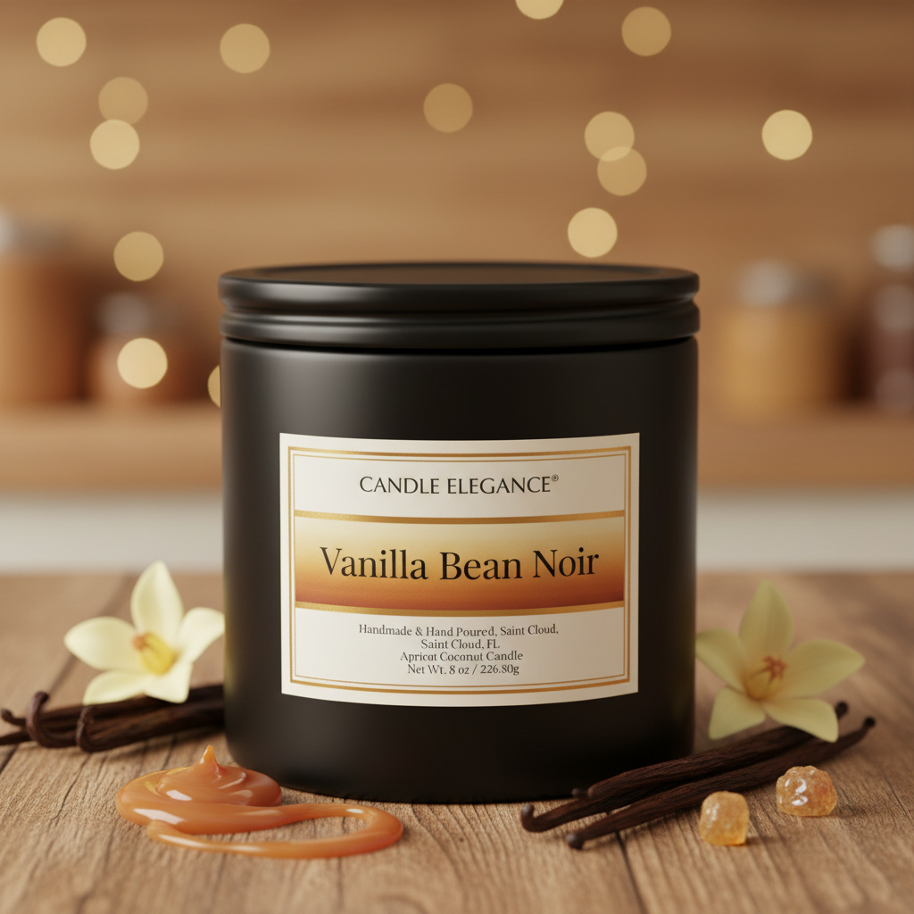 A black candle jar labeled 'Candle Elegance Vanilla Bean Noir' sits on a wooden surface with vanilla flowers, vanilla beans, and caramel drizzle around it, against a warm blurred background with bokeh lights.