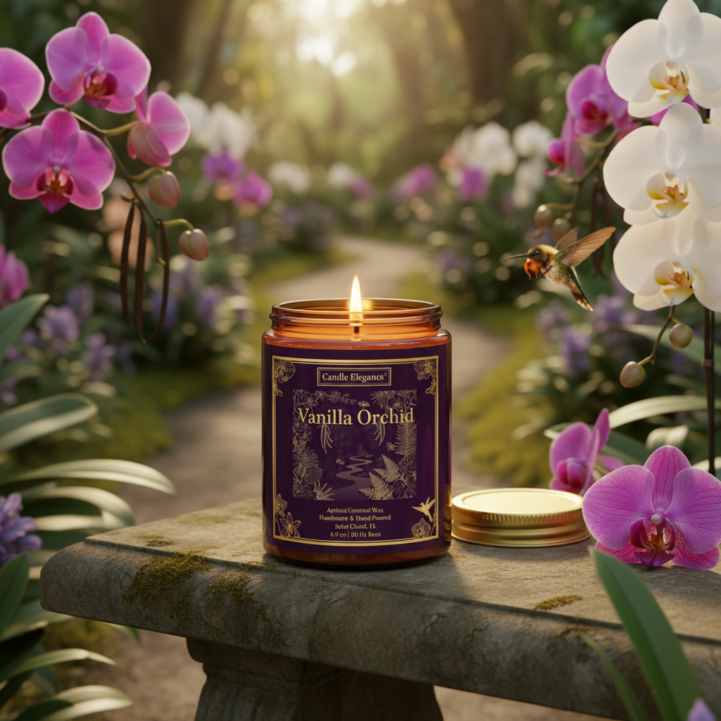 A lit amber glass jar candle labeled 'Candle Elegance Vanilla Orchid' sits on a stone bench surrounded by blooming orchids and greenery in a garden setting.
