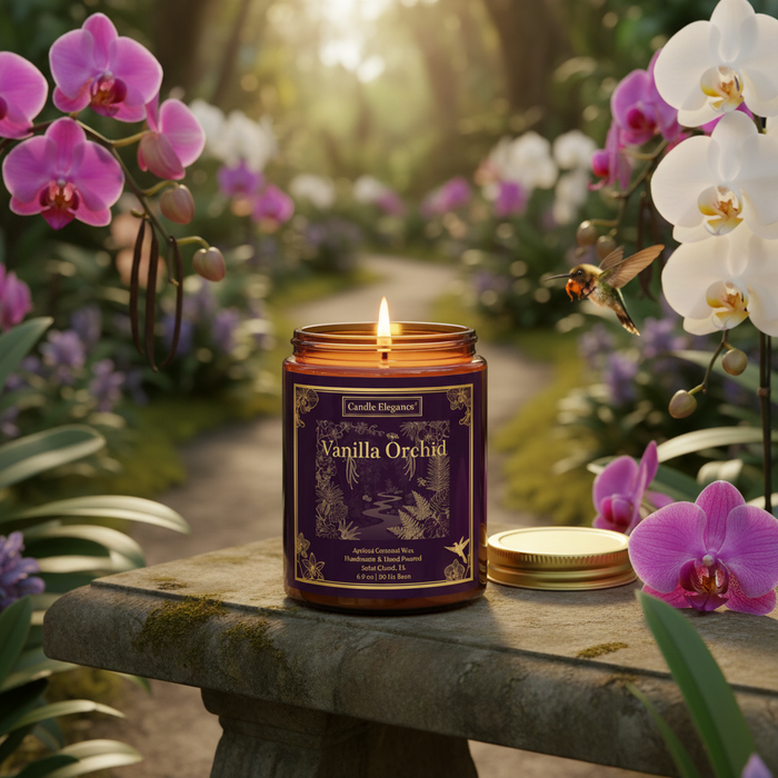 A lit amber glass jar candle labeled 'Candle Elegance Vanilla Orchid' sits on a stone bench surrounded by blooming orchids and greenery in a garden setting.