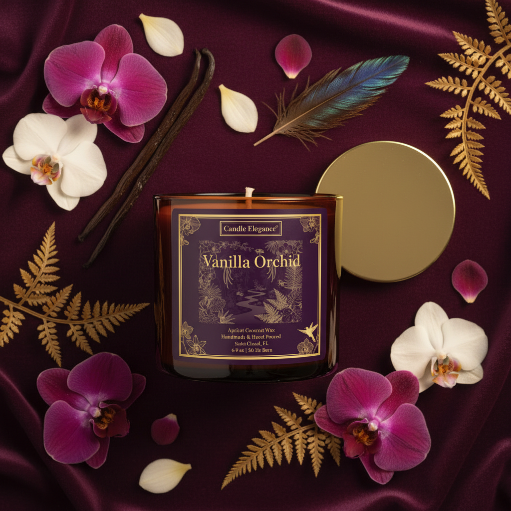 A square amber glass candle jar labeled 'Vanilla Orchid' by Candle Elegance, styled on deep burgundy satin with purple orchids, white orchids, vanilla beans, a feather, gold fern leaves, and a gold lid beside it.