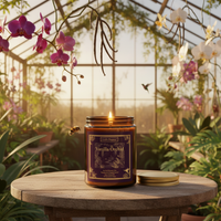 A lit amber glass candle jar labeled Vanilla Orchid sits on a round wooden table inside a sunlit greenhouse, with orchid flowers, greenery, and a bee around it. The gold-toned lid rests beside the jar.