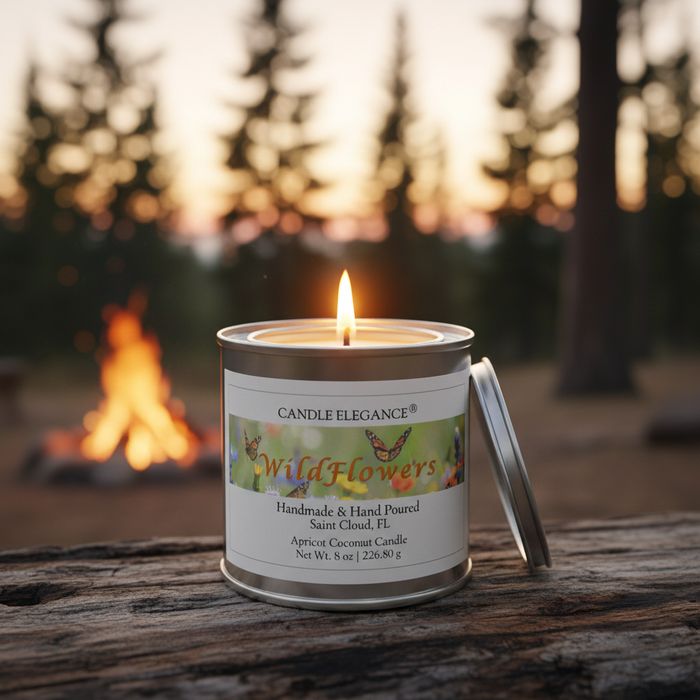A lit candle in a silver metal tin sits on a rustic wooden surface outdoors at dusk, with a blurred campfire and trees in the background. The label reads Candle Elegance Wildflowers.