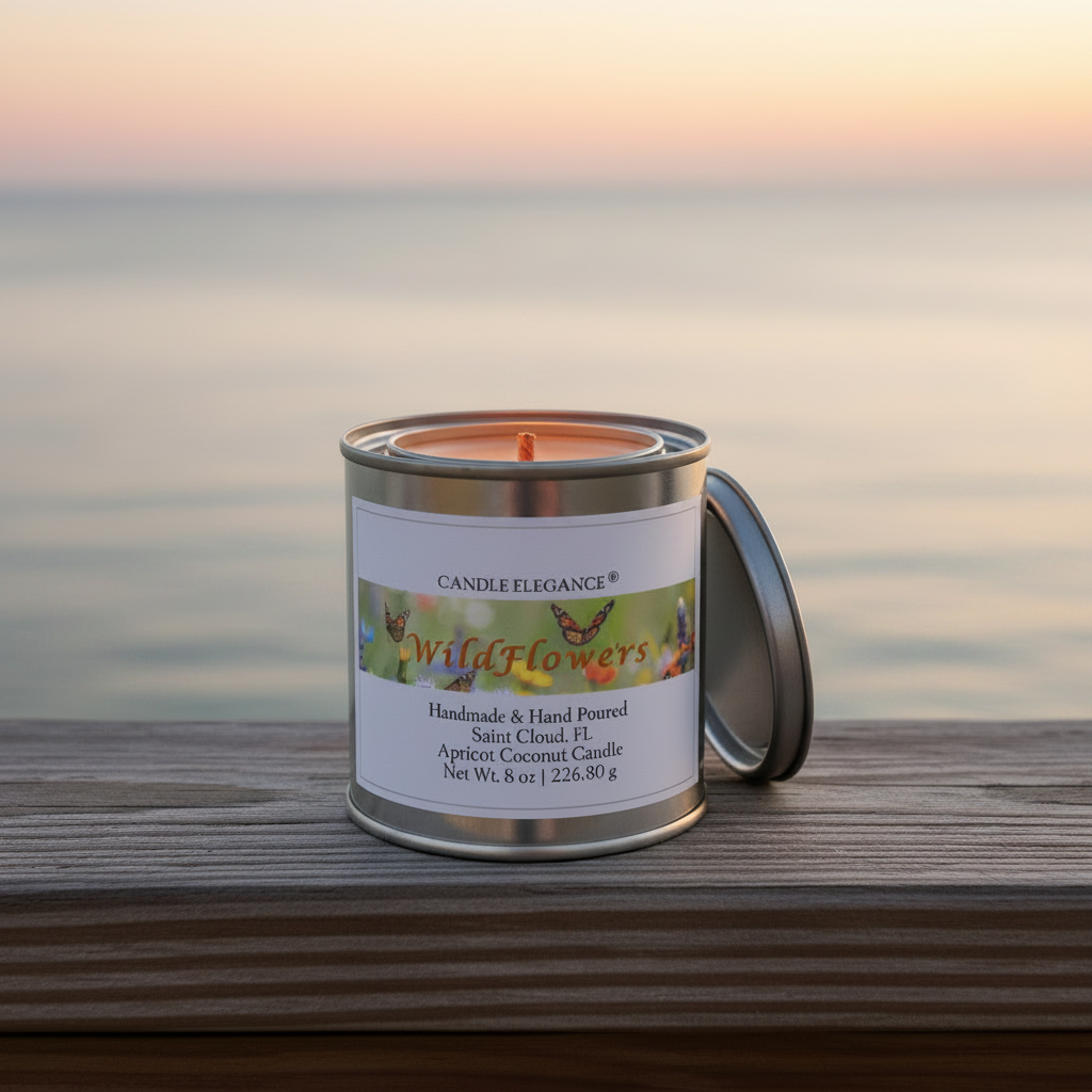 A lit metal tin candle with its lid leaning against it sits on a wooden railing with a blurred ocean sunset in the background. The label reads 'Candle Elegance' and 'Wild Flowers'.