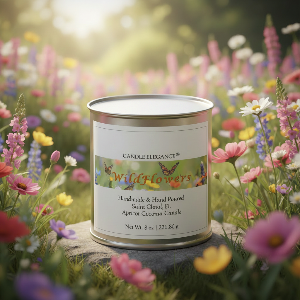 A silver metal candle tin labeled 'Candle Elegance WildFlowers' sits on a stone in a sunlit wildflower meadow. The label reads 'Handmade & Hand Poured Saint Cloud, FL' and 'Apricot Coconut Candle.