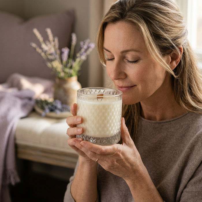 Woman enjoying the scent of an unlit Lavender candle