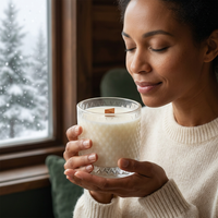 Woman smelling an unlit Fraser Fir candle in a cozy winter lodge