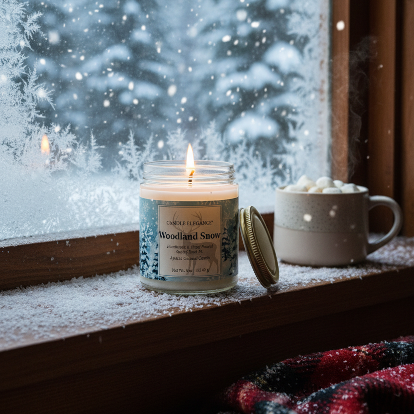 A lit candle in a clear glass jar sits on a snowy windowsill beside a mug of hot cocoa with marshmallows, with a snowy forest visible outside the window.