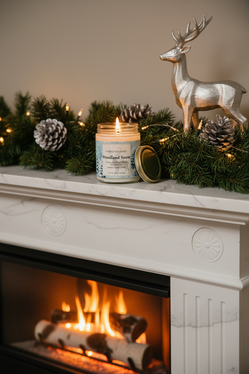 A lit candle jar labeled 'Woodland Santa' sits on a white fireplace mantel decorated with pine garland, pinecones, fairy lights, and a silver deer figurine, with a warm fire burning below.