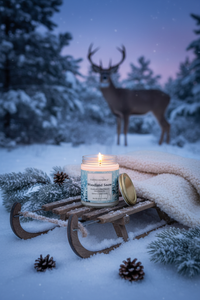 A lit candle in a wooden sled-shaped holder sits in snow outdoors, with a deer standing blurred in the background among snowy trees. The candle jar has a light blue label and a gold lid resting beside it, with pinecones and a cream throw blanket nearby.
