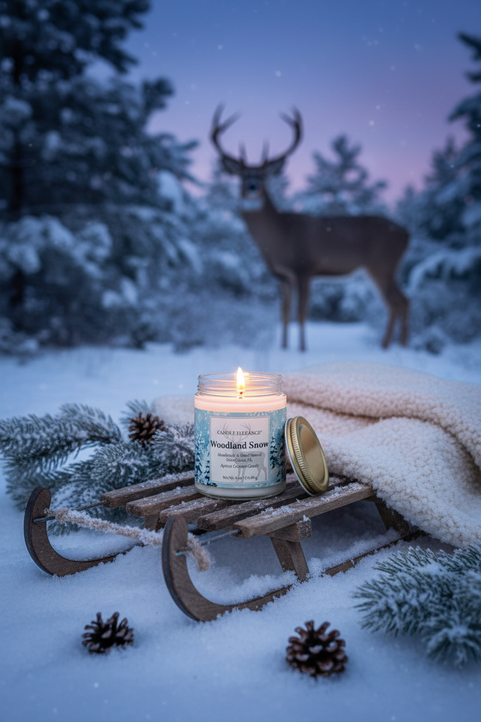 A lit candle in a wooden sled-shaped holder sits in snow outdoors, with a deer standing blurred in the background among snowy trees. The candle jar has a light blue label and a gold lid resting beside it, with pinecones and a cream throw blanket nearby.